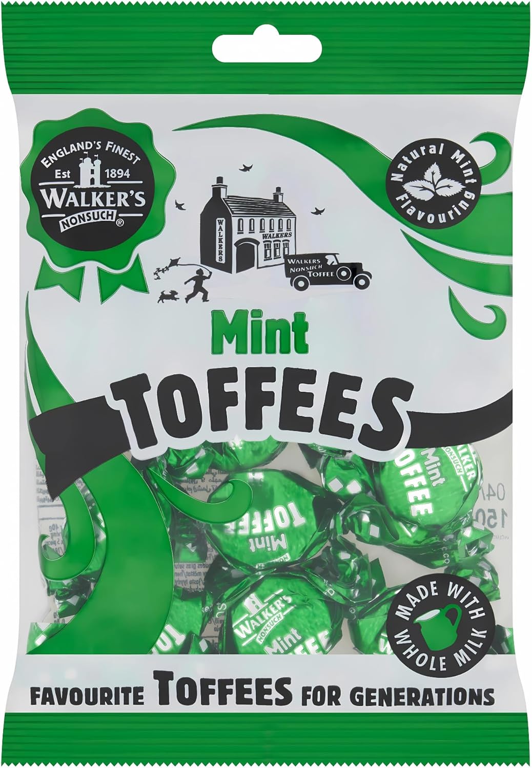 Walkers Nonsuch British Mint Toffee Candy 5.29 Oz (150g) - Natural Mint Flavor, Whole Milk Toffee, Individually Wrapped Chewy Candy Pack, Classic English Sweets, Imported UK