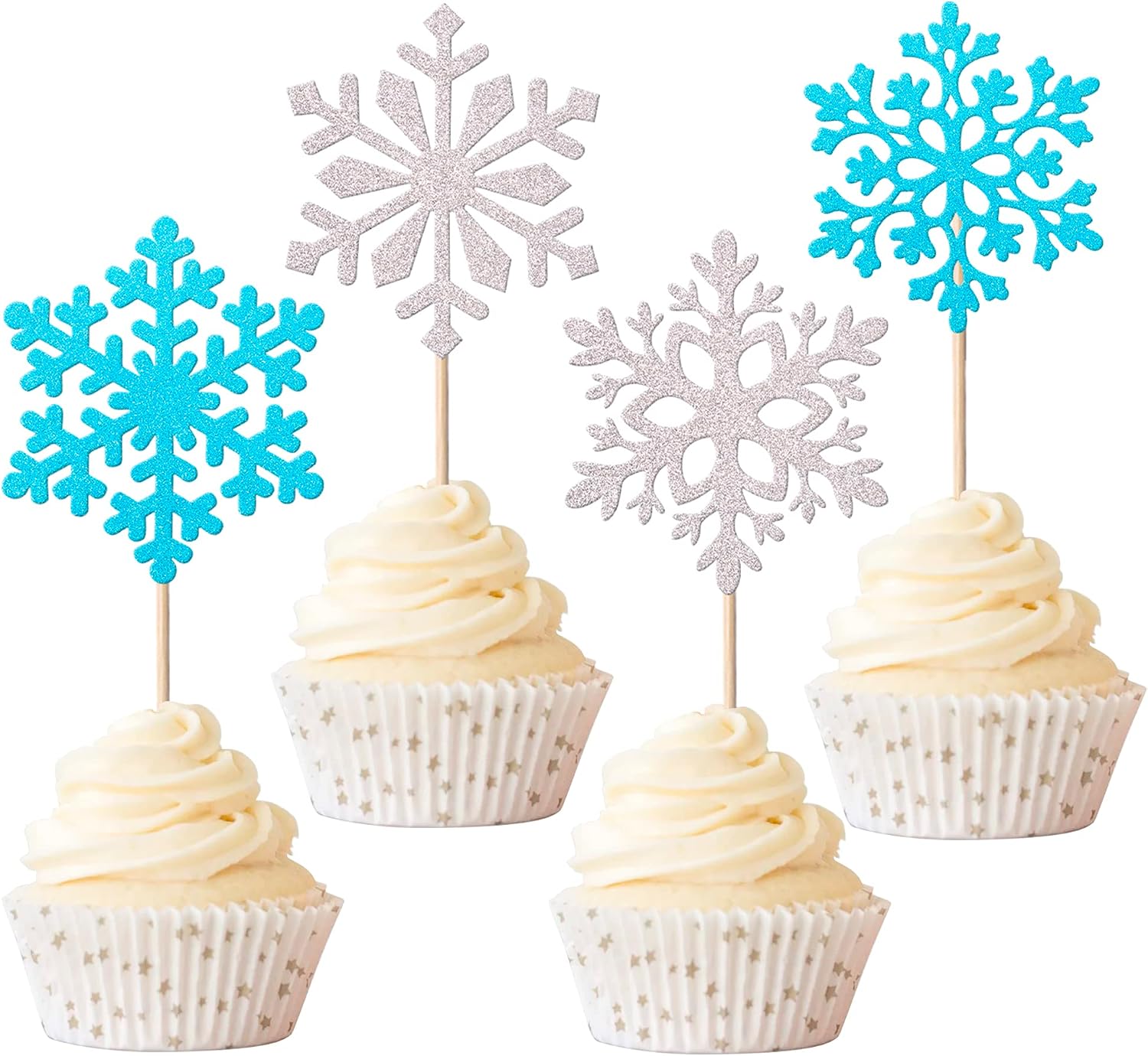 Rsstarxi 24 Pack Snowflake Cupcake Toppers Glitter Winter Frozen Theme Cupcake Picks Baby Shower Cake Decorations for Snowflake, Christmas, Kids Birthday Party Supplies Silver and Blue