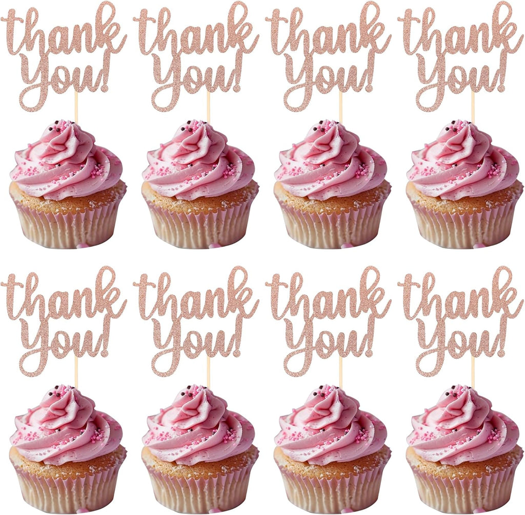 Rsstarxi 24 Pack Thank You Cupcake Toppers Glitter Thank You Cupcake Picks for Thanksgiving Day Wedding Anniversary Baby Shower Kids Birthday Party Cake Decoration Supplies Rose Gold
