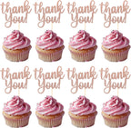 Rsstarxi 24 Pack Thank You Cupcake Toppers Glitter Thank You Cupcake Picks for Thanksgiving Day Wedding Anniversary Baby Shower Kids Birthday Party Cake Decoration Supplies Rose Gold