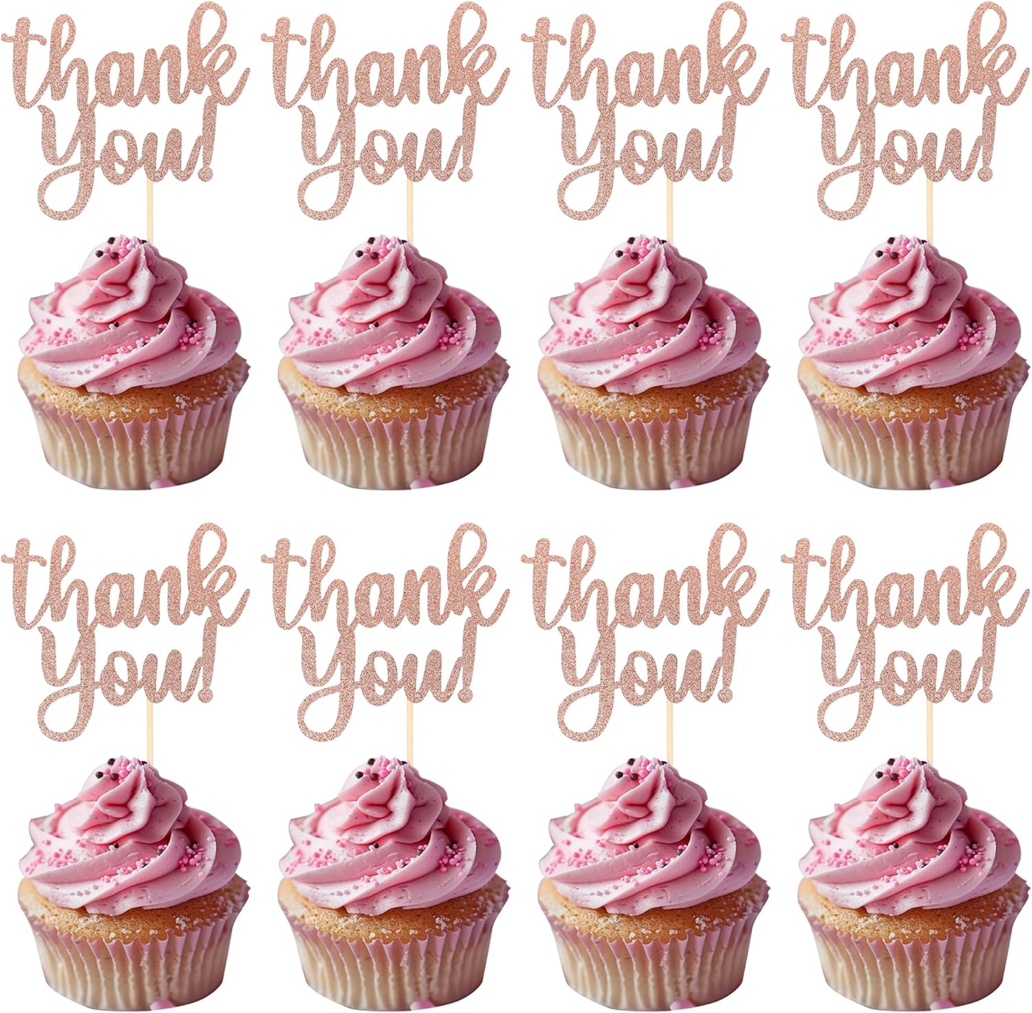 Rsstarxi 24 Pack Thank You Cupcake Toppers Glitter Thank You Cupcake Picks for Thanksgiving Day Wedding Anniversary Baby Shower Kids Birthday Party Cake Decoration Supplies Rose Gold