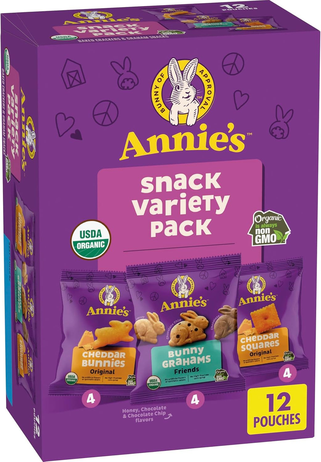 Annie's Organic Variety Pack, Cheddar Bunnies, Bunny Grahams and Cheddar Squares, 12 Pouches, 11 oz