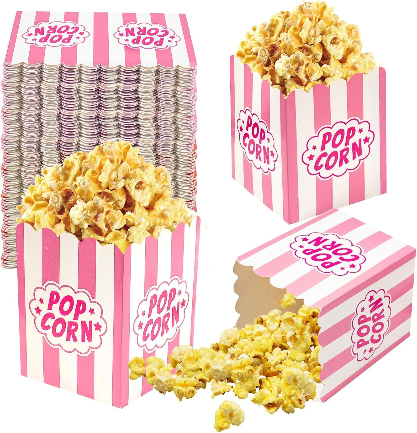 Mini Popcorn Boxes for Parties, 100 Pack – 3×4 Inch Pink & White Striped Popcorn Bucket Boxes, Snack Bowl Containers for Movie Night, Candy Bar, Birthday & Events