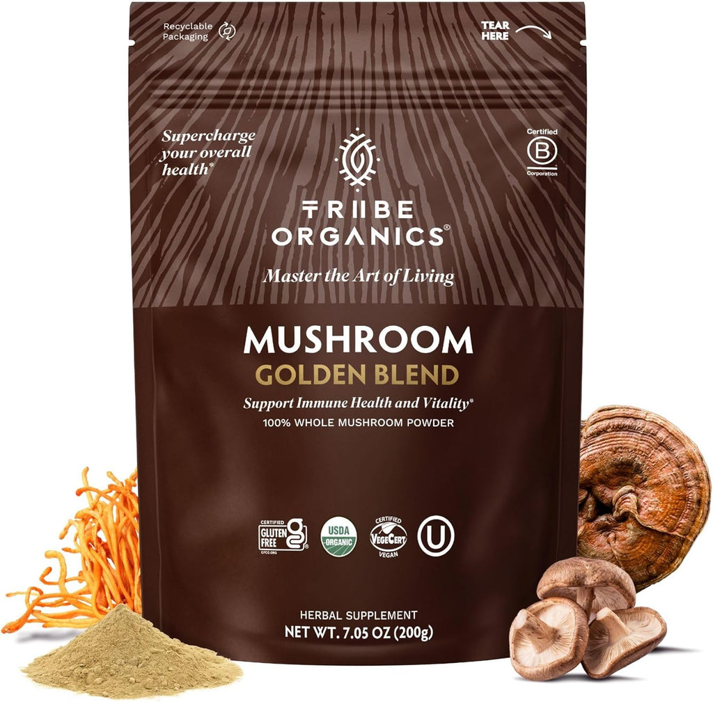 TRIBE ORGANICS Mushroom Golden Blend Powder - Organic Mushroom Powder Complex - 10-in-1 Mushrooms for Immunity Support & Health - 200g Pouch - 100 Servings