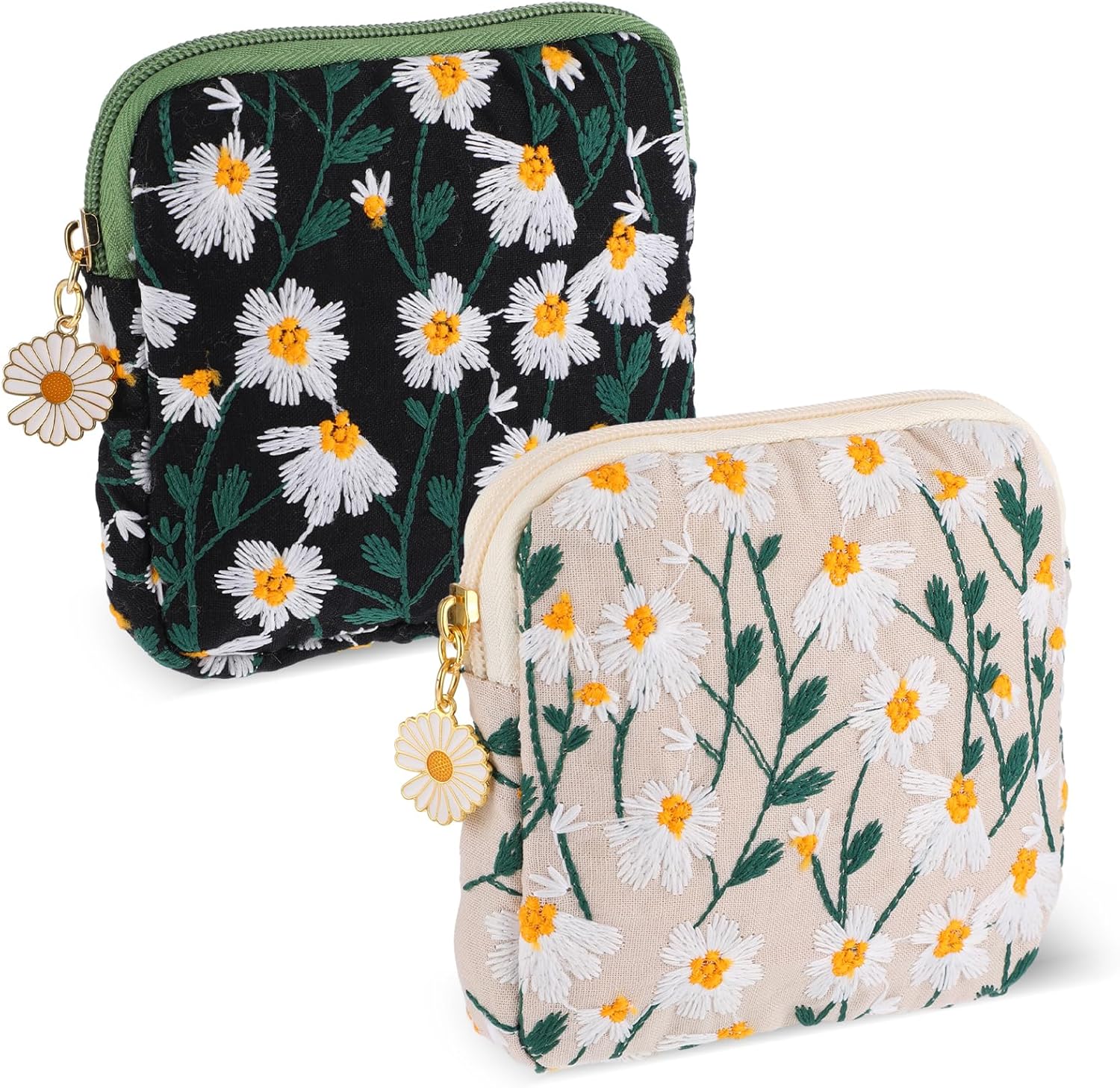 2 Pack Daisy Embroidered Sanitary Napkin Storage Bags, Cotton Menstrual Cup Pouch, Portable Tampon Holder, Period Kit for Women, Teen Girls