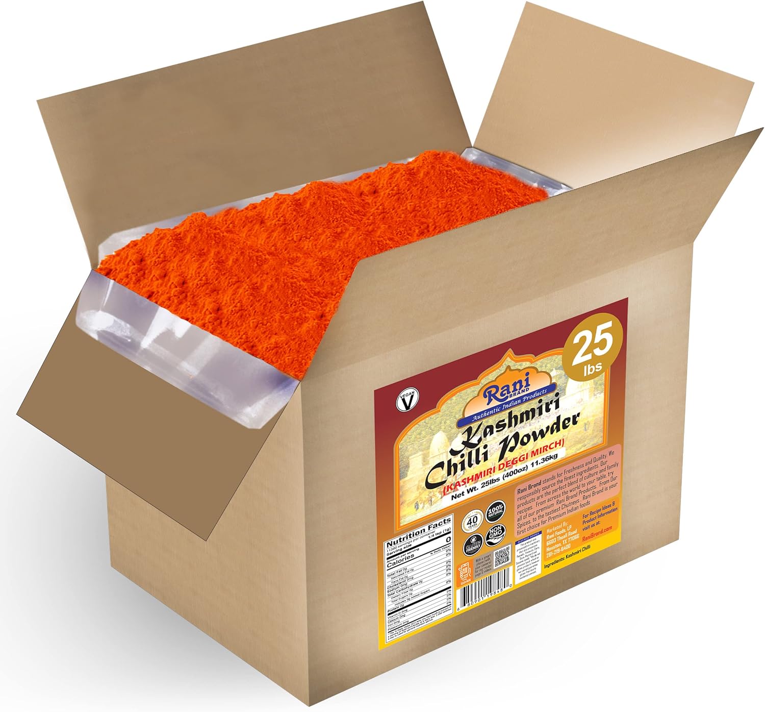 Rani Kashmiri Chilli Powder (Deggi Mirch, Low Heat) Ground Indian Spice 400oz (25lbs) 11.36kg Bulk Box ~ All Natural | Salt-Free | Vegan | No Colors | Gluten Friendly | NON-GMO | Kosher | Indian Origin
