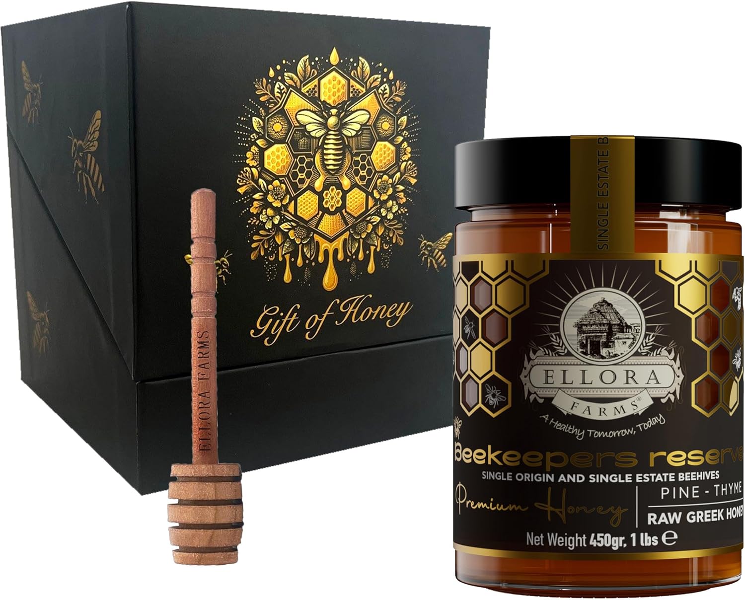 Ellora Farms Greek Honey Single Estate PDO, Pine & Thyme Honey Unfiltered, Gift Pack with Dipper, Beekeepers Reserve, Raw & Unfiltered, Gluten Free - 450g (16oz)