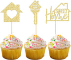 Gyufise 24PCS Sweet Home Cupcake Toppers Gold Glitter Key Housewarming Cupcake Picks New Home Theme Party Cake Decorations Supplies