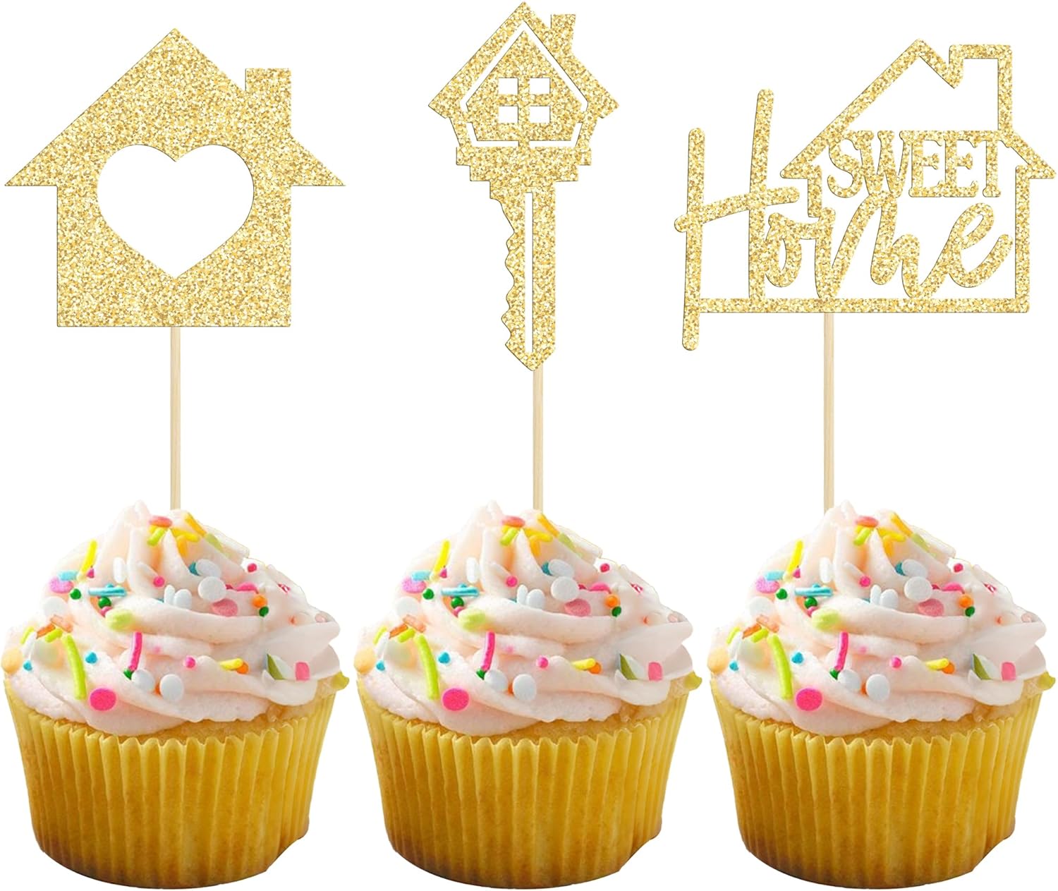 Gyufise 24PCS Sweet Home Cupcake Toppers Gold Glitter Key Housewarming Cupcake Picks New Home Theme Party Cake Decorations Supplies