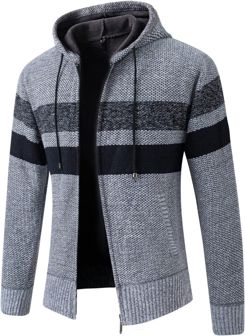 Lu's Chic Men's Full Zip Hoodie Winter Striped Knitted Long Sleeve Cardigan Sweater Slim Fit Hooded Sweatshirt Pockets