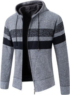 Lu's Chic Men's Full Zip Hoodie Winter Striped Knitted Long Sleeve Cardigan Sweater Slim Fit Hooded Sweatshirt Pockets