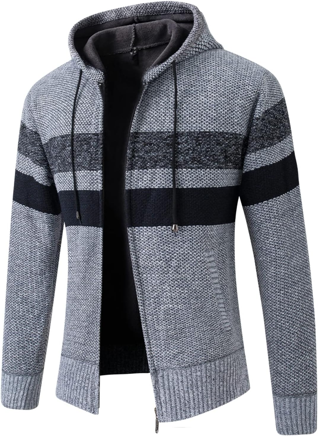 Lu's Chic Men's Full Zip Hoodie Winter Striped Knitted Long Sleeve Cardigan Sweater Slim Fit Hooded Sweatshirt Pockets