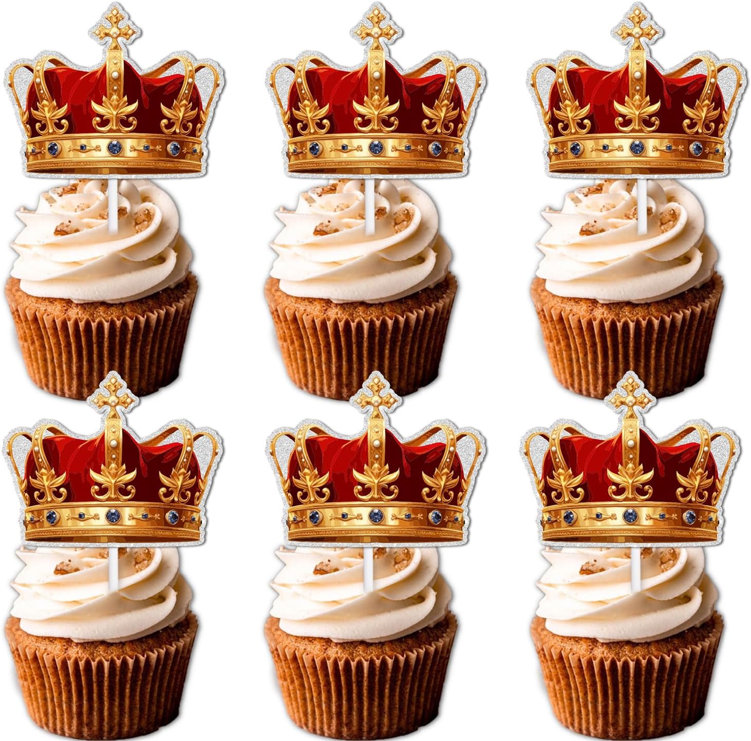 18pcs Gold Glitter Cupcake Topper for Crown King Men Theme Decor Supplies Male Daddy Father's Day Family Party Decorations