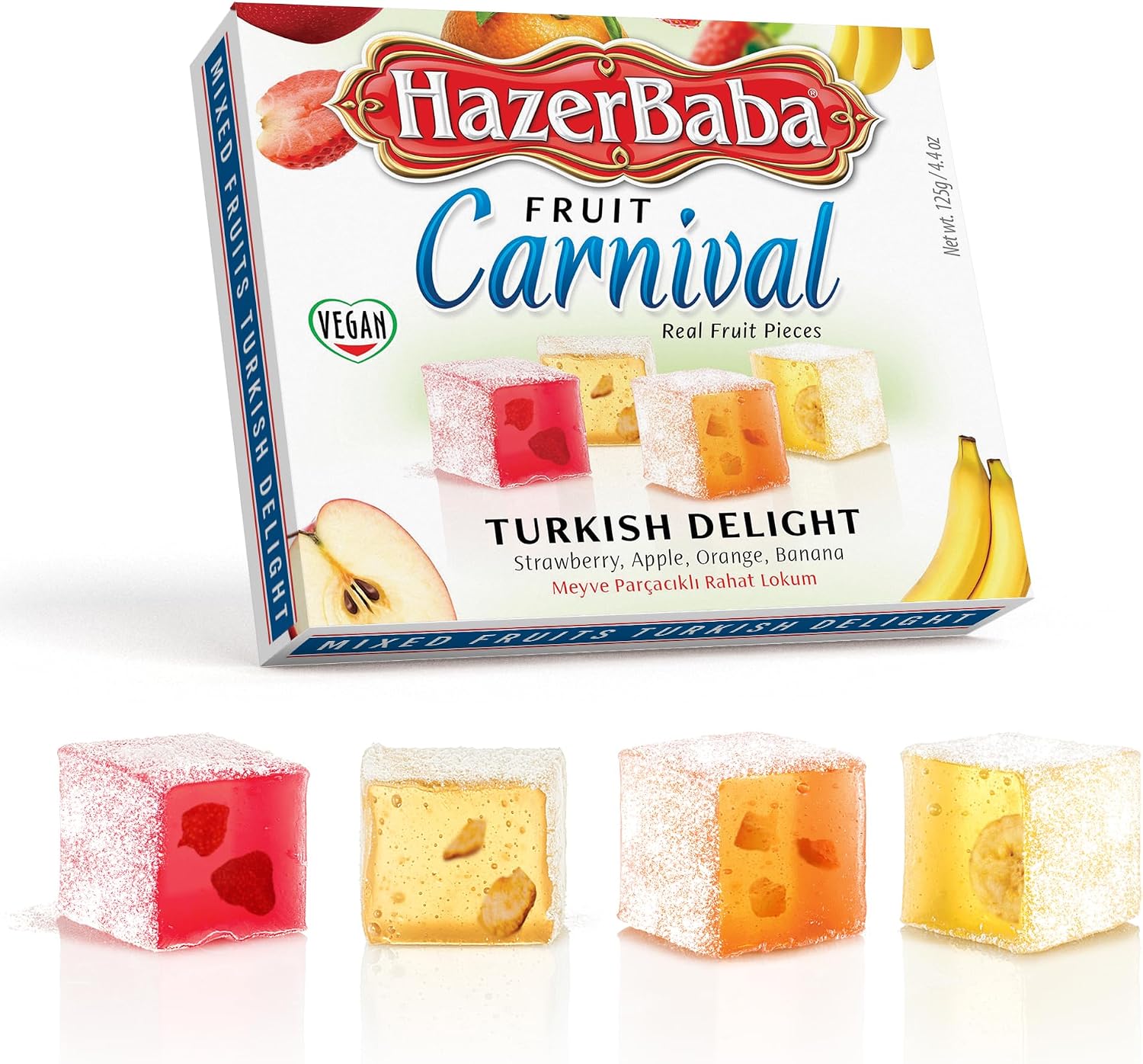 Hazer Baba Turkish Delight Candy with Real Strawberry, Apple, Orange & Banana Flavors, 4.4oz (Pack of 1), Gourmet Snack Box, Traditional, Vegan, Lokum, Loukumi, Delicias Turcas, Halal, Kosher