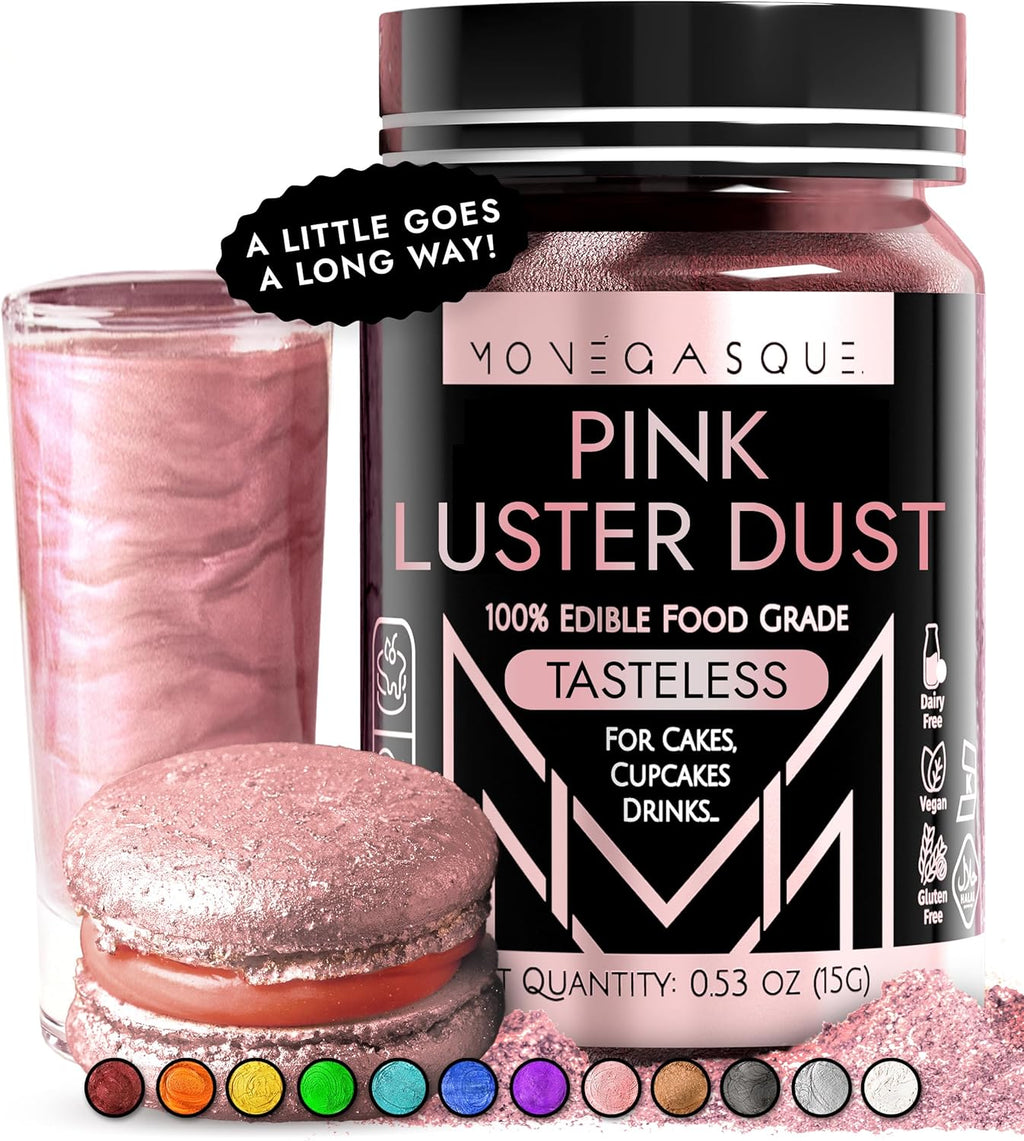 MONÉGASQUE Pink Edible Glitter for Drinks 15g – Pink Edible Glitter for Cakes – Luster Dust for Drinks, Food, & Cake Decorating – Cocktails & Easter Cake Decorations Spray – Cocktail Drink Shimmer