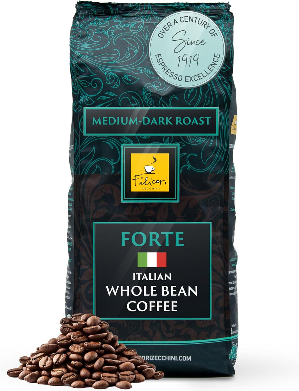Filicori Zecchini Italian Espresso Beans – Whole Bean Coffee, Bold Dark Roast Arabica & Robusta Blend Roasted in Bologna – Slow Roasted Forte 340g