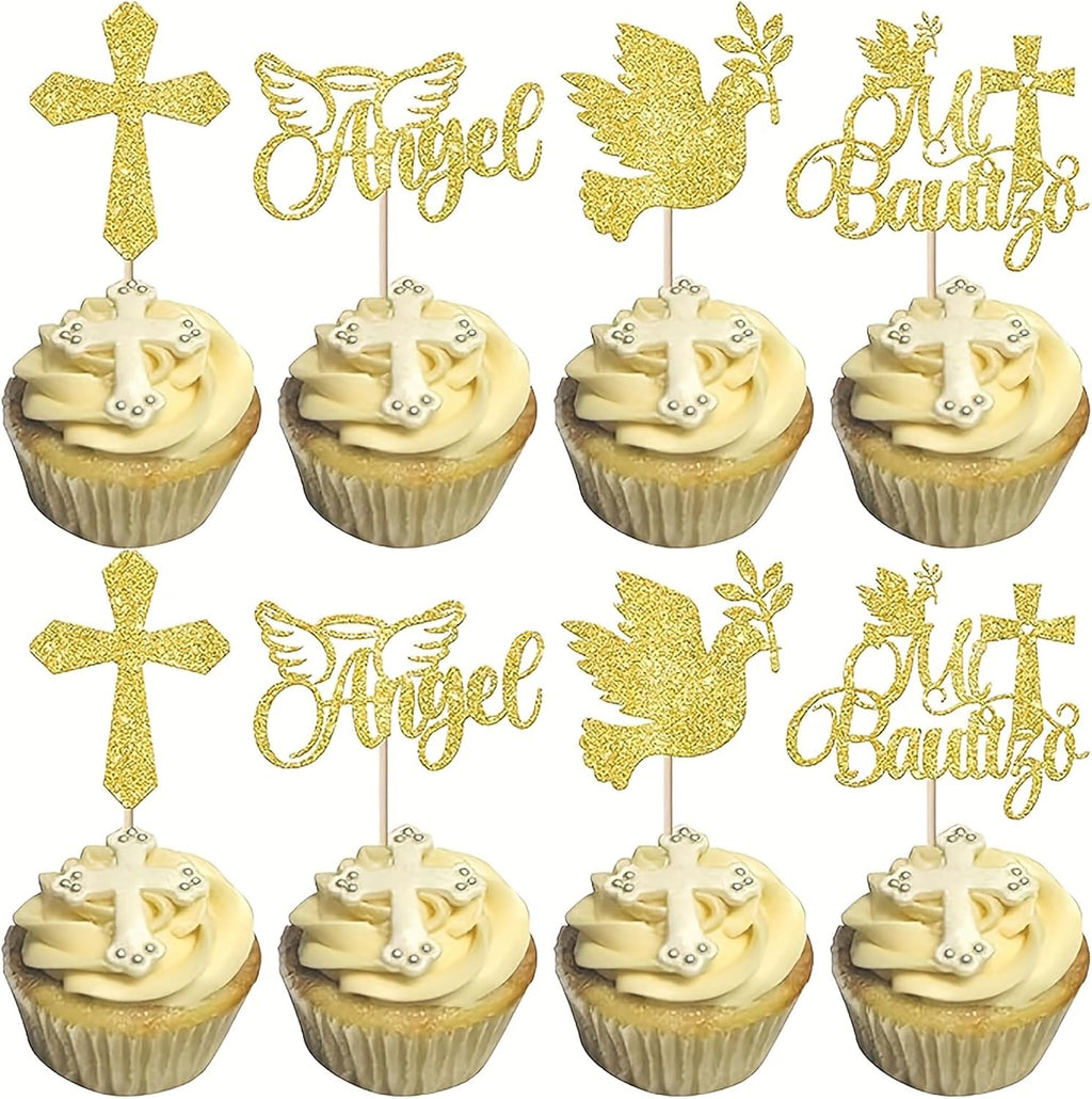 24Pcs Spanish Mi Bautizo Cupcake Toppers with Glitter Cross Angel Dove Baptism Cupcake Picks Decorations for Religious God Bless Theme Baby Shower Birthday Christmas Party Supplies Gold