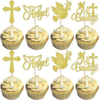 24Pcs Spanish Mi Bautizo Cupcake Toppers with Glitter Cross Angel Dove Baptism Cupcake Picks Decorations for Religious God Bless Theme Baby Shower Birthday Christmas Party Supplies Gold