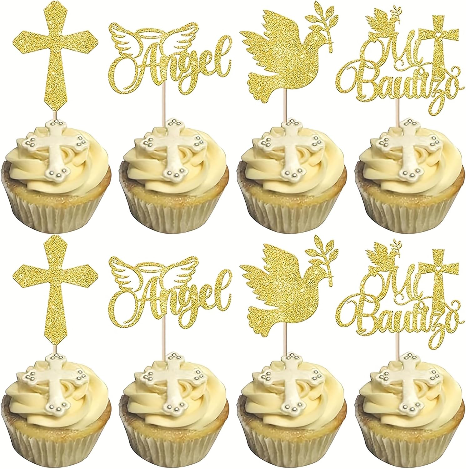 24Pcs Spanish Mi Bautizo Cupcake Toppers with Glitter Cross Angel Dove Baptism Cupcake Picks Decorations for Religious God Bless Theme Baby Shower Birthday Christmas Party Supplies Gold