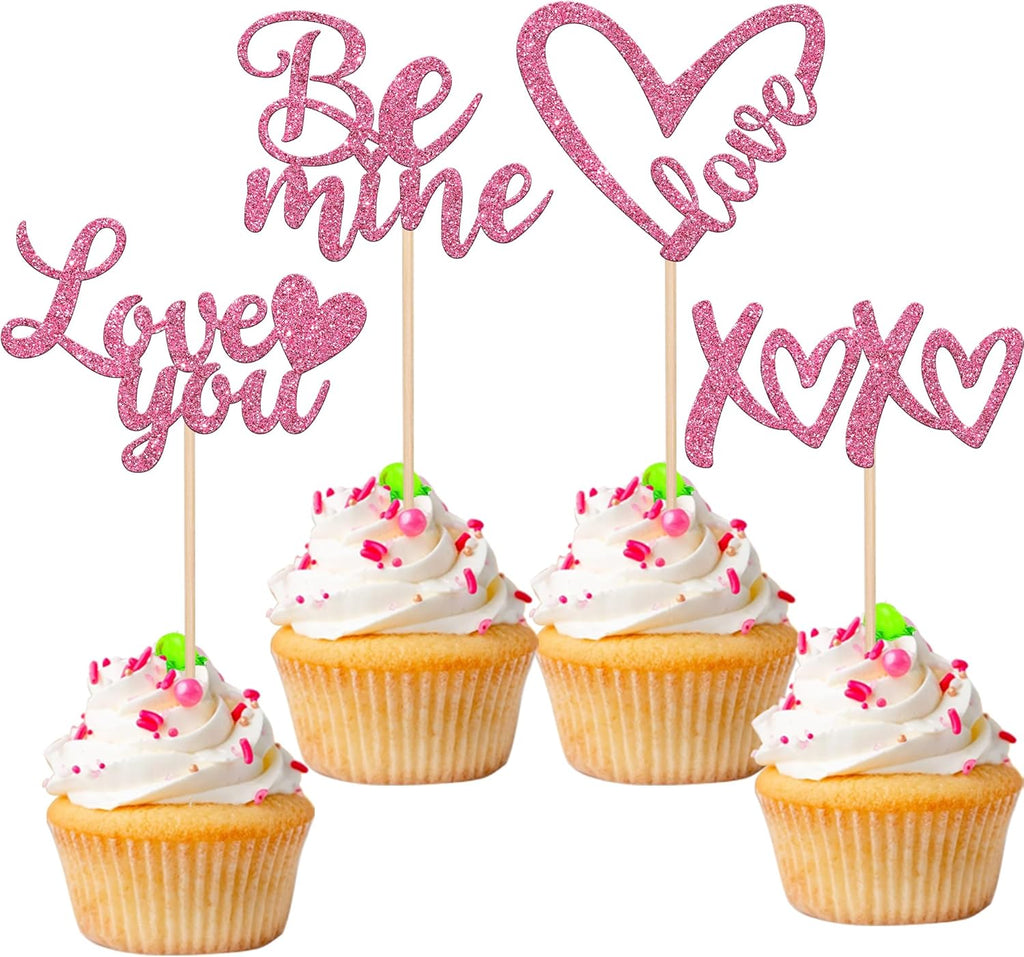 24 Pack Valentine's Day Cupcake Toppers Glitter XOXO Love You Cupcake Picks Be Mine Cake Decorations for Valentine's Day Theme Wedding Bridal Shower Birthday Party Supplies Pink