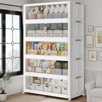 200Gal/800QT 5-Tiers Extra Large Stackable Storage Bins with Lid, Collapsible Cabinet Closet Organizer Plastic Container Box with Wheels Doors Drawers for Living Room Kitchen Office, White