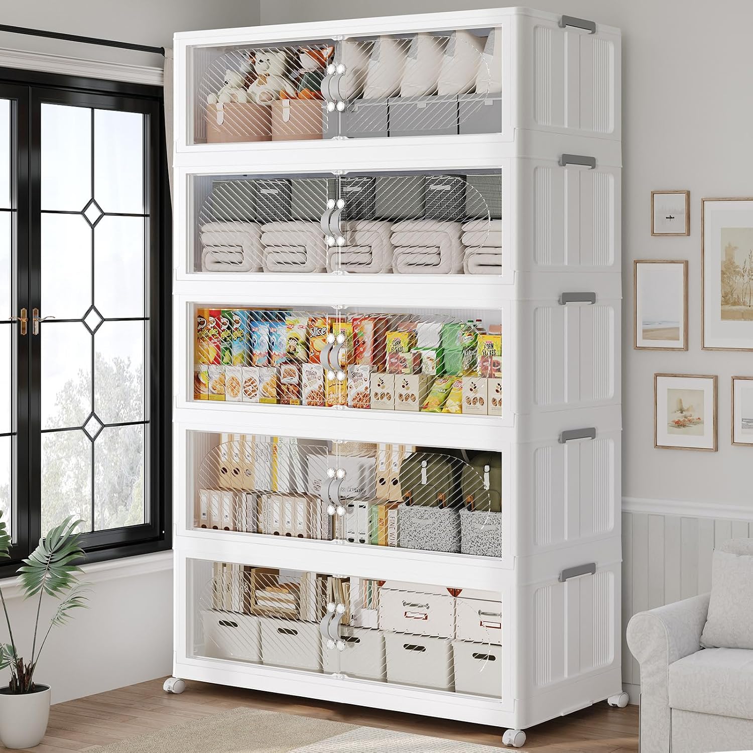 200Gal/800QT 5-Tiers Extra Large Stackable Storage Bins with Lid, Collapsible Cabinet Closet Organizer Plastic Container Box with Wheels Doors Drawers for Living Room Kitchen Office, White