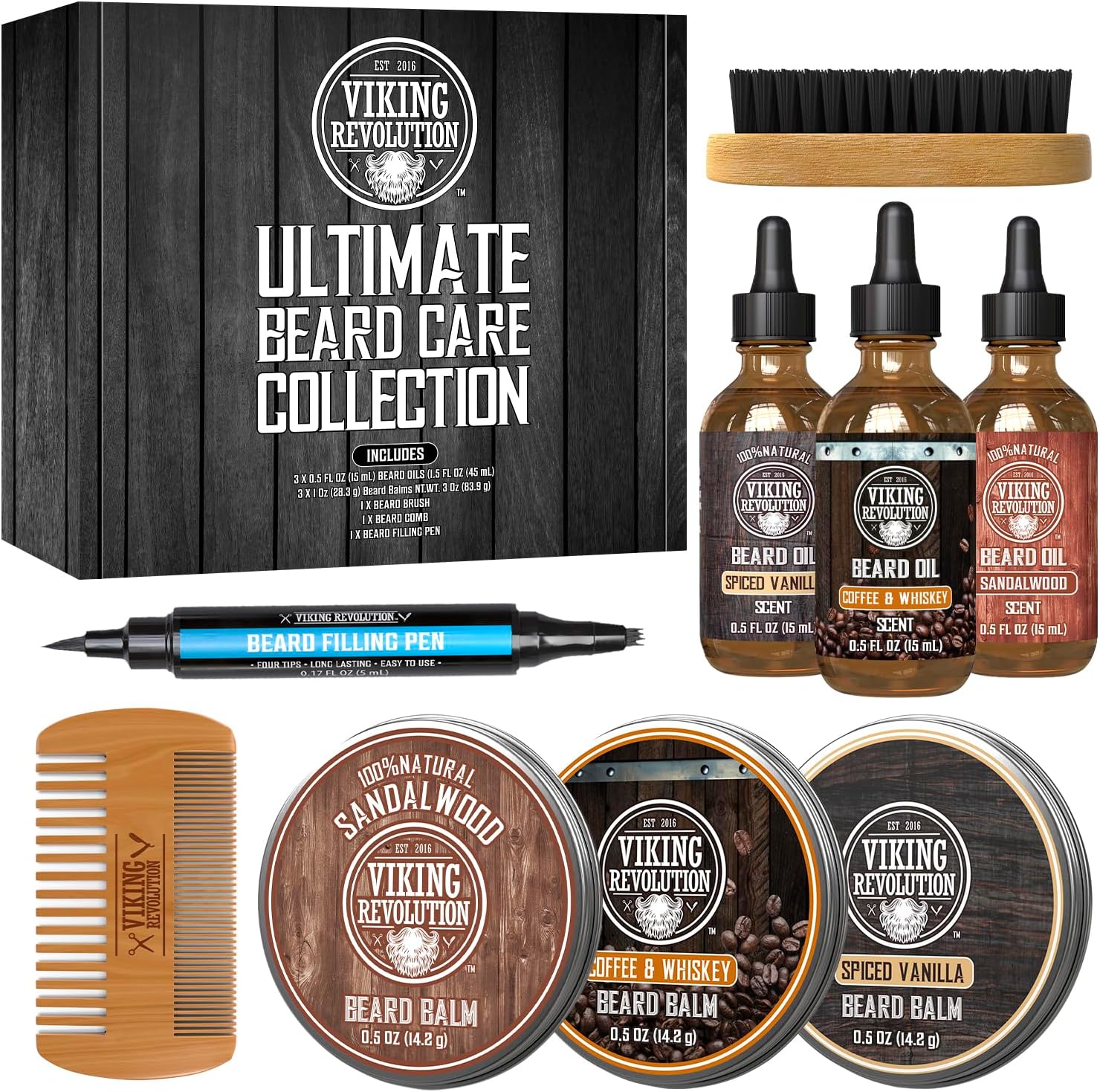 Viking Revolution Ultimate Beard Care Collection - Gifts for Men Includes Oil, Balm, Brush, Comb and Pen - Beard Kit for Men with Sandalwood, Spiced Vanilla, Coffee Whiskey, Sweet Tobacco