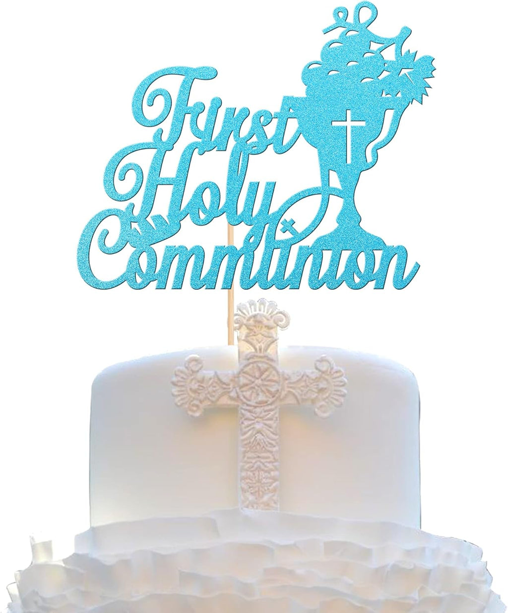 Rsstarxi 1 Pack First Holy Communion Cake Topper Christian Baptism Cake Picks Religious God Bless Baby Shower Kids Birthday Cake Decorations for Wedding Baptism Christening Party Supplies Blue