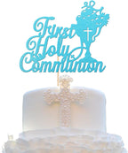 Rsstarxi 1 Pack First Holy Communion Cake Topper Christian Baptism Cake Picks Religious God Bless Baby Shower Kids Birthday Cake Decorations for Wedding Baptism Christening Party Supplies Blue