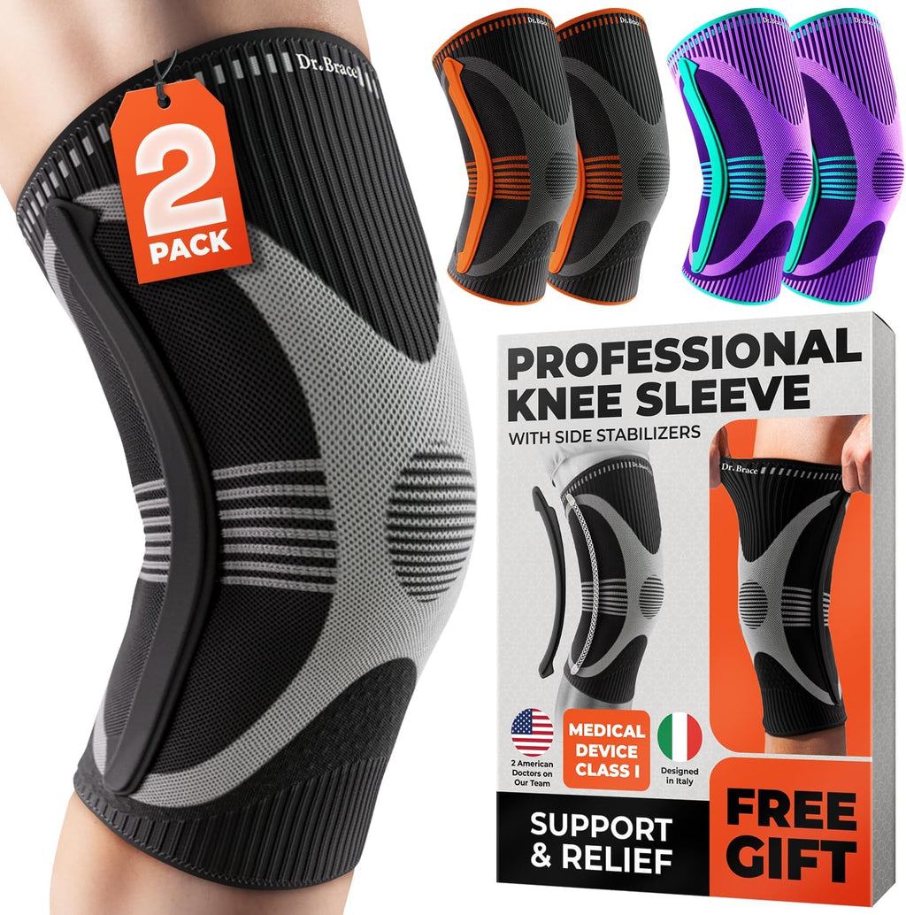 DR. BRACE ELITE Knee Brace with Size Stabilizer (2 Pack) Knee Brace for Women & Men, Workout, Sports, Daily Knee Compression Sleeve for Maximum Knee Pain Support & Fast Recovery (Mercury, Medium)