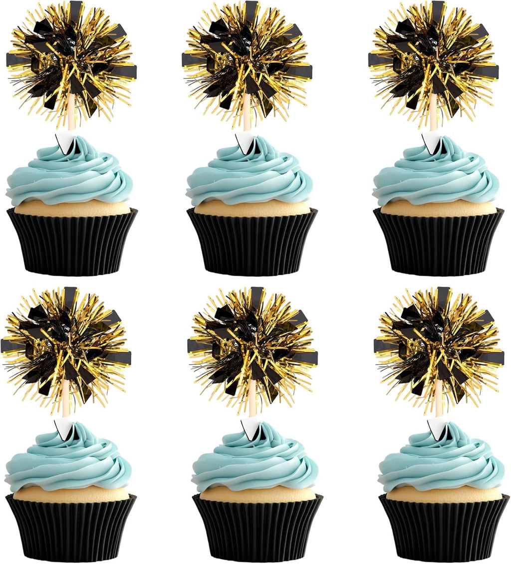30 PCS Foil Firework Cupcake Toppers Sparkle Tinsel Cake Toppers Happy Birthday Cake Decorations Tinsel Drink Cocktail Picks for Fireworks Theme Birthday Wedding Graduation Party Supplies Black Gold