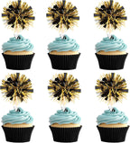 30 PCS Foil Firework Cupcake Toppers Sparkle Tinsel Cake Toppers Happy Birthday Cake Decorations Tinsel Drink Cocktail Picks for Fireworks Theme Birthday Wedding Graduation Party Supplies Black Gold