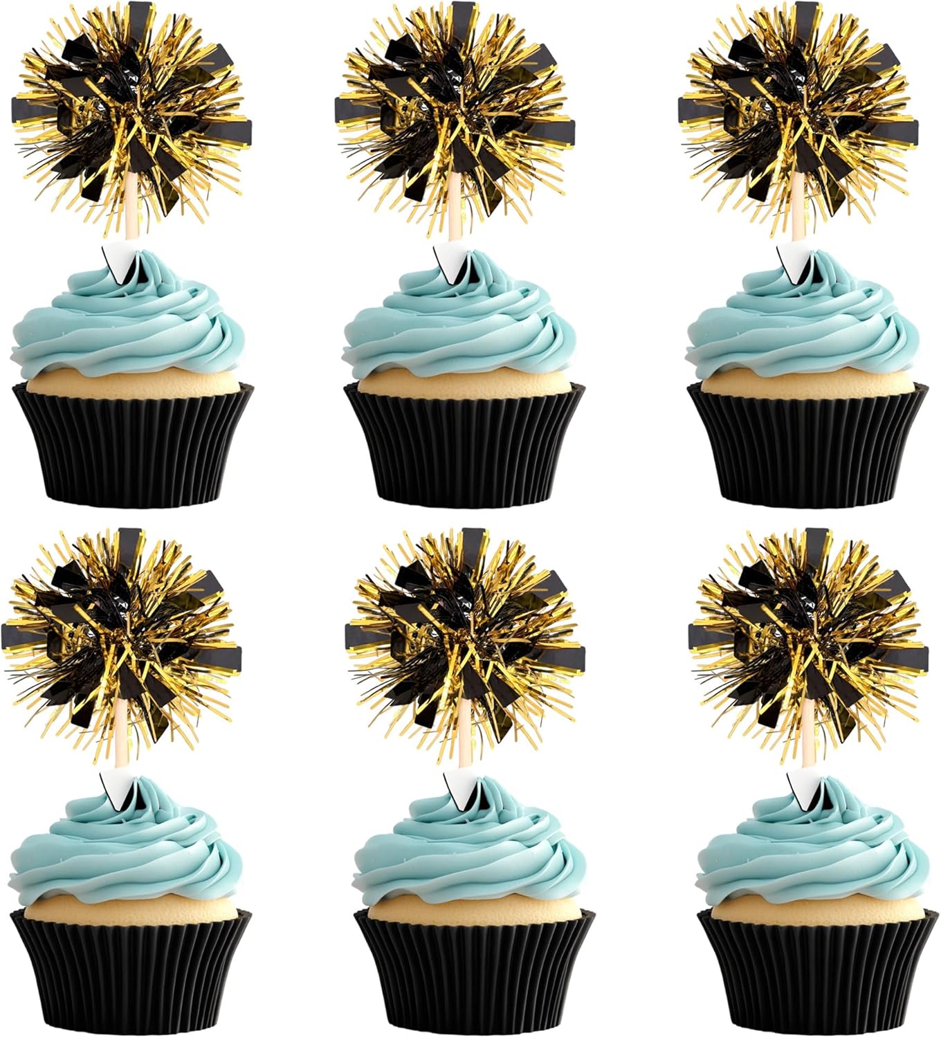 30 PCS Foil Firework Cupcake Toppers Sparkle Tinsel Cake Toppers Happy Birthday Cake Decorations Tinsel Drink Cocktail Picks for Fireworks Theme Birthday Wedding Graduation Party Supplies Black Gold
