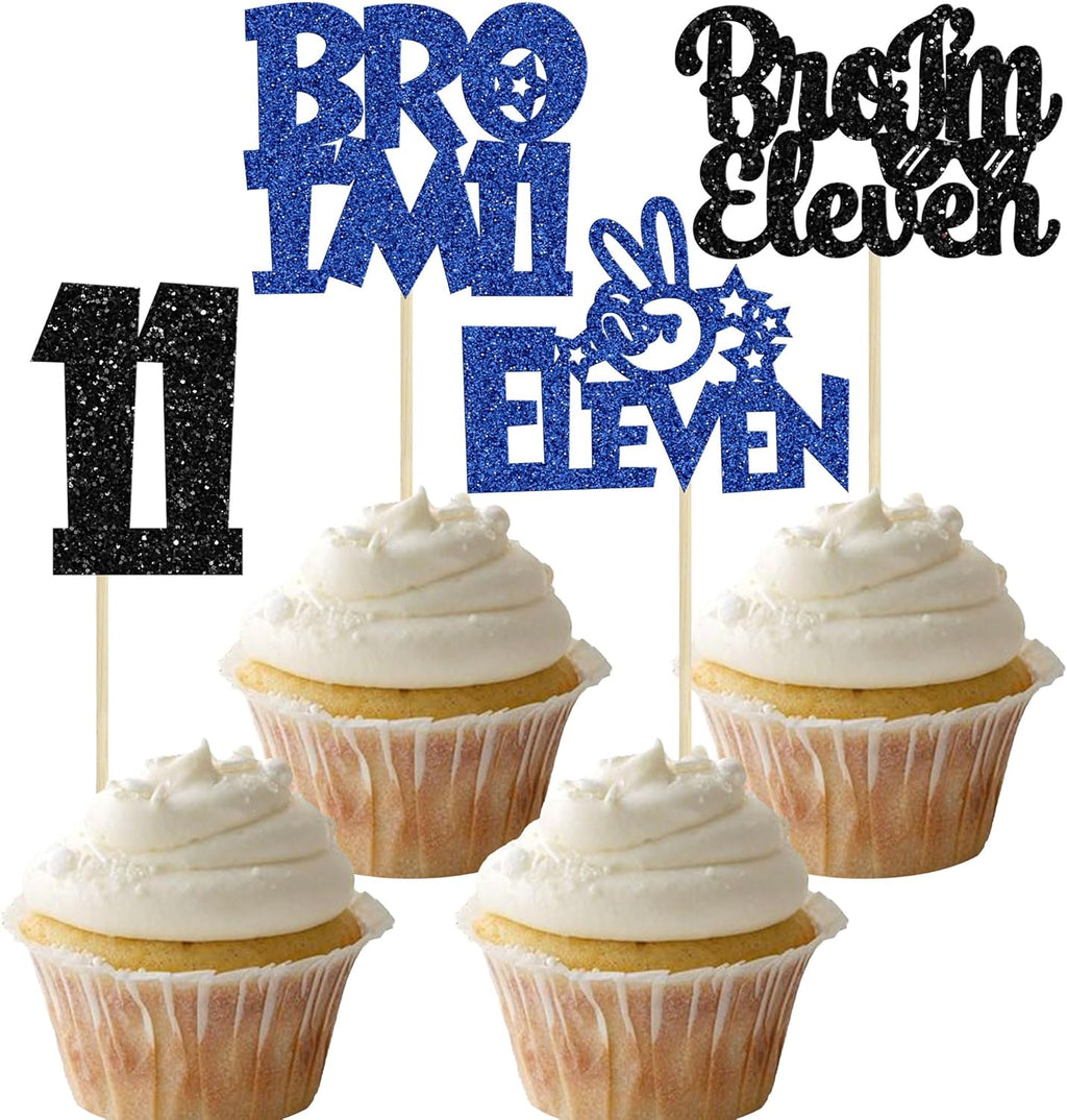 Ephlyn 24Pcs Bro I'm 11 Cupcake Toppers Glitter Boy 11th Birthday Cupcake Pick Decorations for Cheers to Eleven Years Old Big Brother 11th Birthday Party Supplies