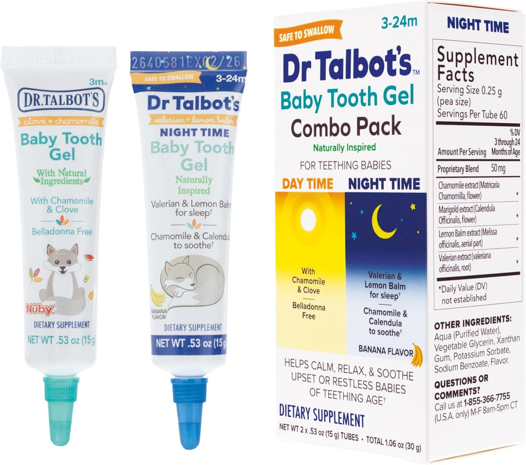 Dr. Talbot's Daytime & Night Time Baby Tooth Gel for Sore Gums - 0.53 oz Combo Pack Tubes of Teething Gel - Ages 3-24 Months - Naturally Inspired Ingredients to Soothe Sore Gums for Babies