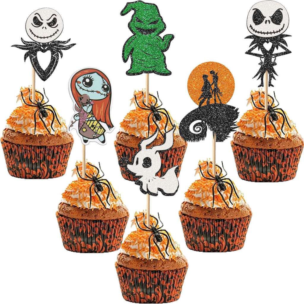 Rsstarxi 24 Pack Jack Skellington Halloween Cupcake Toppers Glitter Skull Ghost Cupcake Picks Decorations for Halloween Horrible Baby Shower Birthday Party Cake Decorations