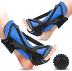 Plantar Fasciitis Night Splint with Massage Ball, 2 Pack Adjustable Brace Dorsal Night Splint for Achilles Tendonitis Foot Drop Relief Arch Pain, Comfortable with 4 Straps for Secure Fit Black-Blue