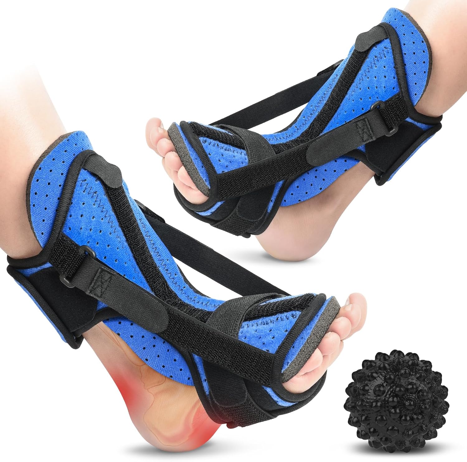Plantar Fasciitis Night Splint with Massage Ball, 2 Pack Adjustable Brace Dorsal Night Splint for Achilles Tendonitis Foot Drop Relief Arch Pain, Comfortable with 4 Straps for Secure Fit Black-Blue