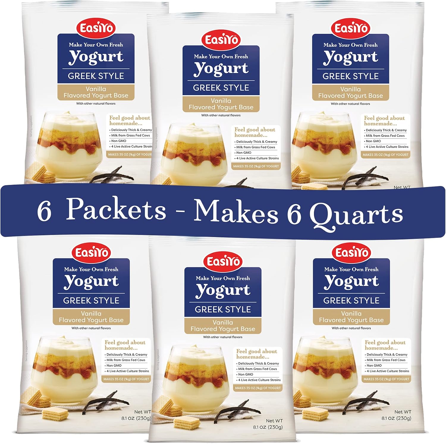 EasiYo Greek Style Vanilla Flavored Yogurt Base (6-pack, 42 Servings) with Live Cultures | Easy & Fresh Homemade Yogurt | Use with EasiYo Maker | New Zealand Milk from Grass Fed Cows