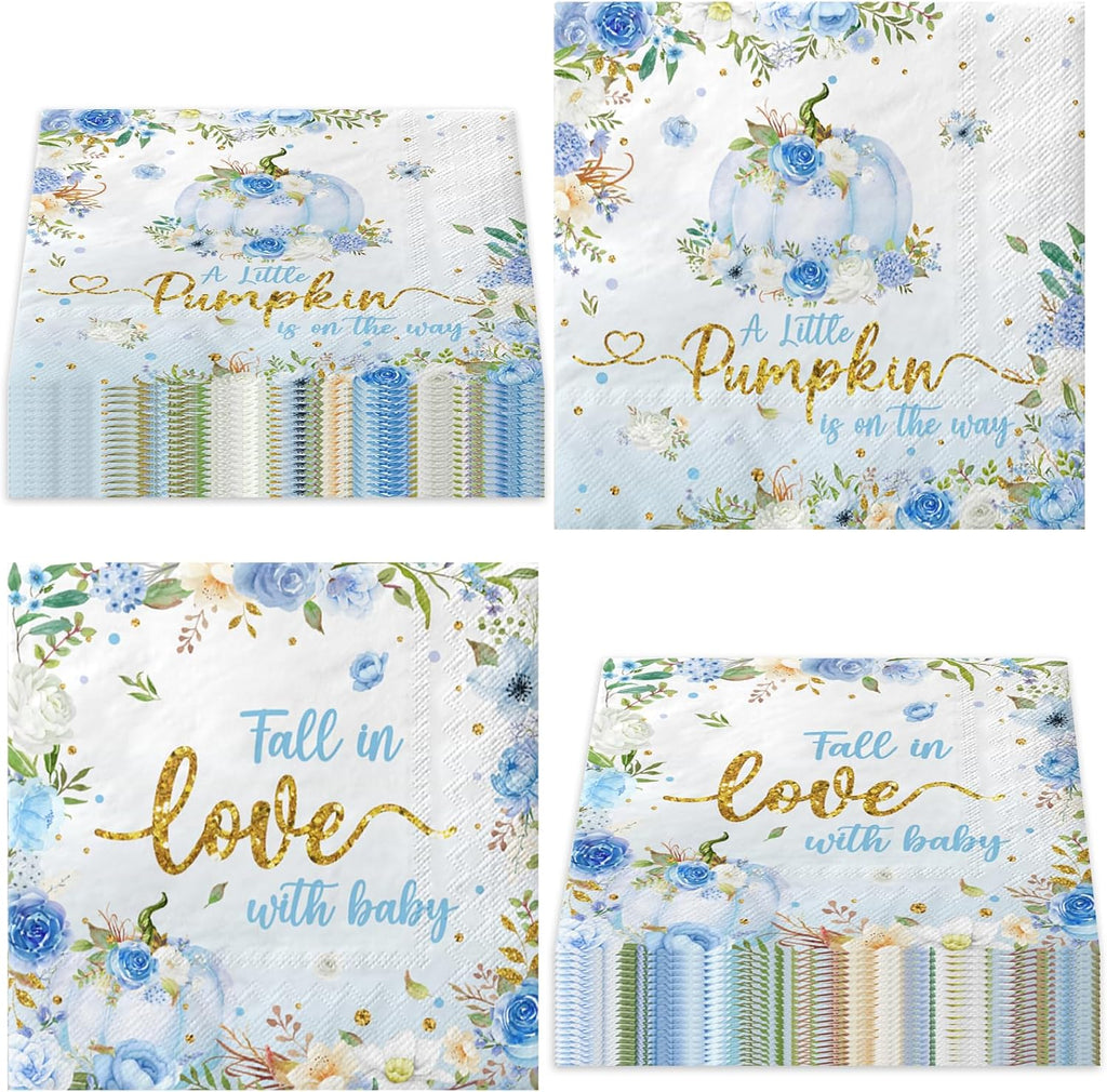 A Little Pumpkin is On The Way Napkins 40Pcs Little Pumpkin Napkins Pumpkin Baby Shower Party Decorations Fall Pumpkin Floral Paper Napkins for Boys Girls Baby Shower Gender Reveal Party (Blue)