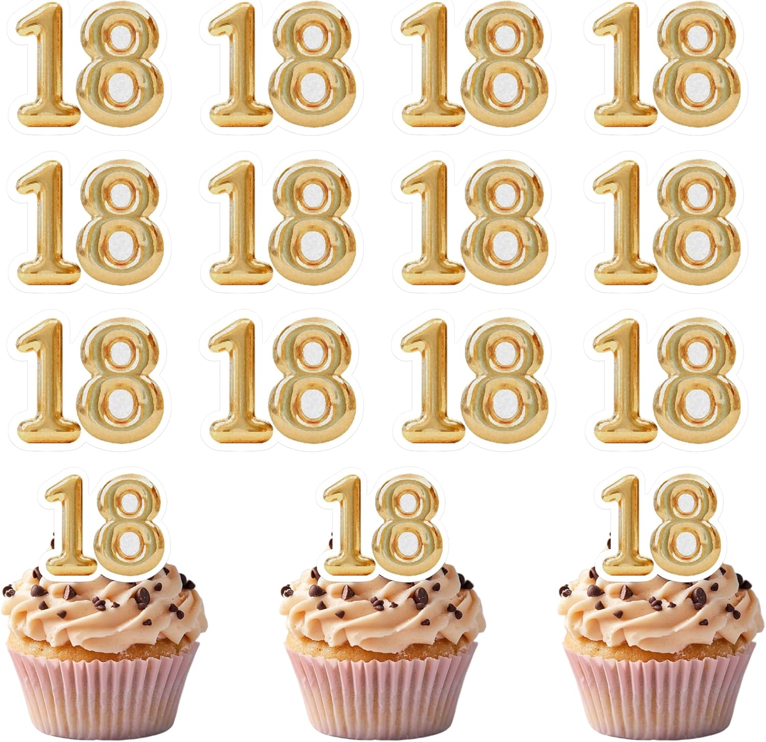 50 PCS Edible 18th Birthday Cupcake Toppers Gold Wafer Paper Sweet 18 Hello 18 Cake Toppers Edible 18th Birthday Party Decorations for 18 Years Theme Eighteen Party Cake Decorations Supplies