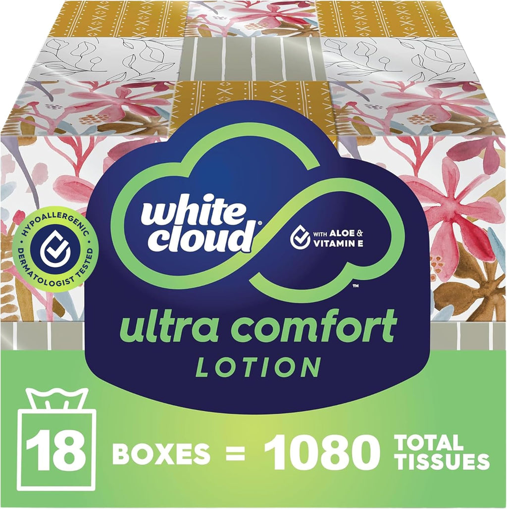 White Cloud Ultra Comfort Lotion 3-Ply Facial Tissue with Aloe & Vitamin E, 18 Box Multipack, 60 Tissues Per Box