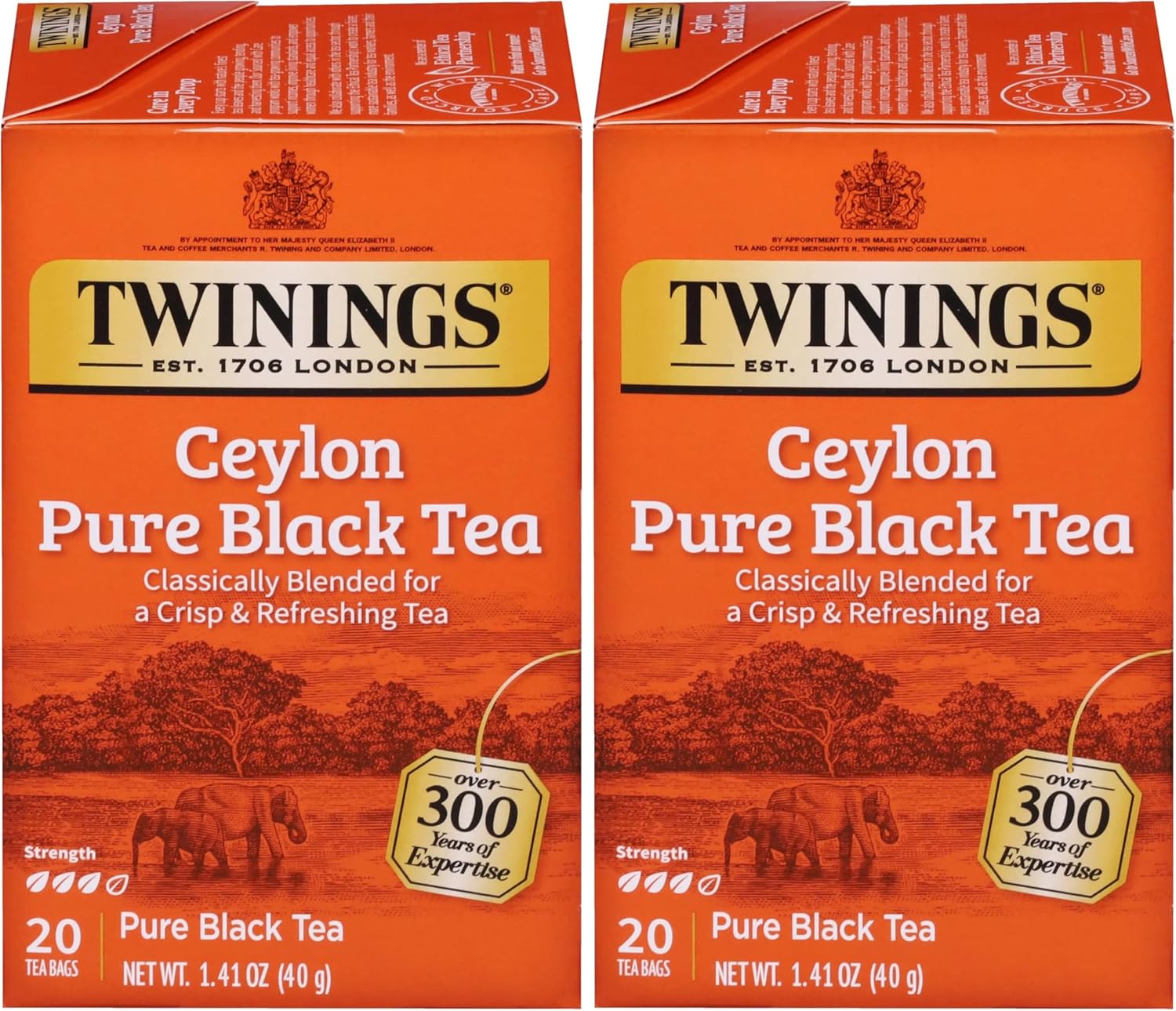 Twinings Ceylon Pure Black Tea Individually Wrapped Bags, 20 Count (Pack of 2), formerly Ceylon Orange Pekoe, Crisp, Refreshing, Caffeinated, Enjoy Hot or Iced, 20 Teabags