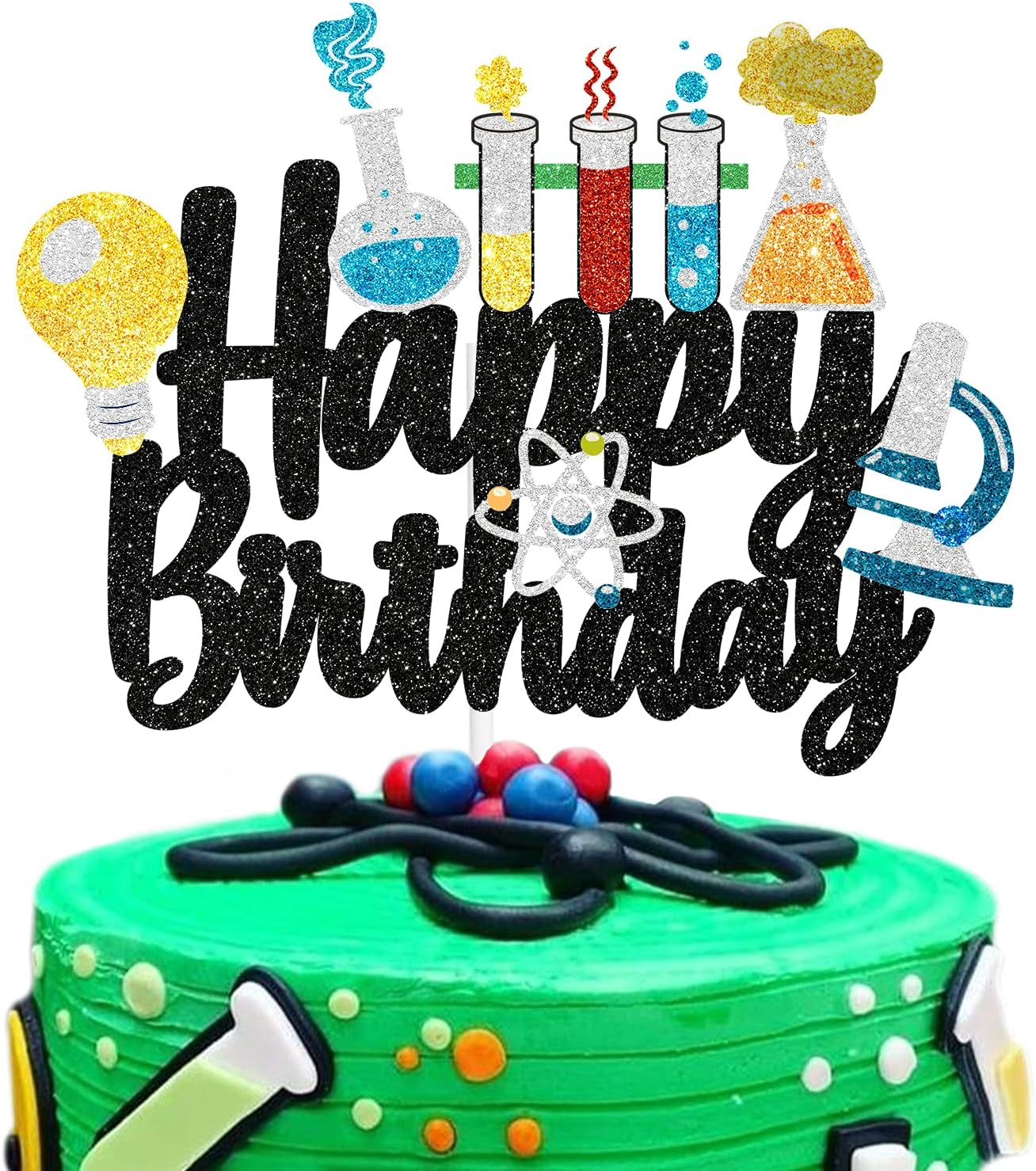 Science Happy Birthday Cake Topper - Mad Scientist Chemistry Theme Party Decor - Kids Boy Girl Baby Shower Glitter Party Decorations Supplies-LIANGSS