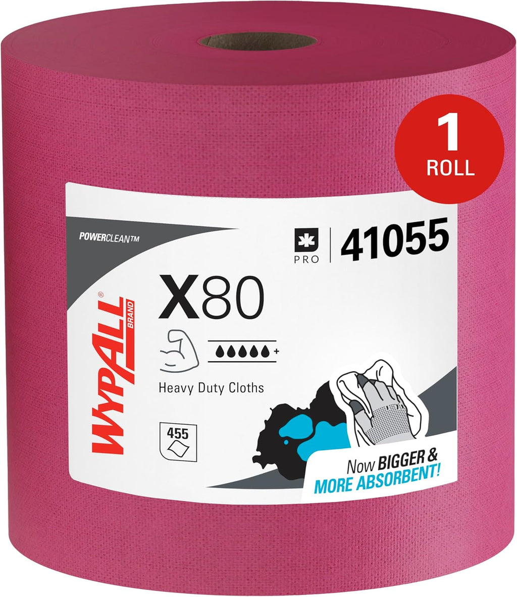 WypAll PowerClean X80 Cloths Heavy Duty Wipes (41055), Jumbo, Extended Use Towels, Red (1 Roll of 455 Sheets, 455 Sheet Total)