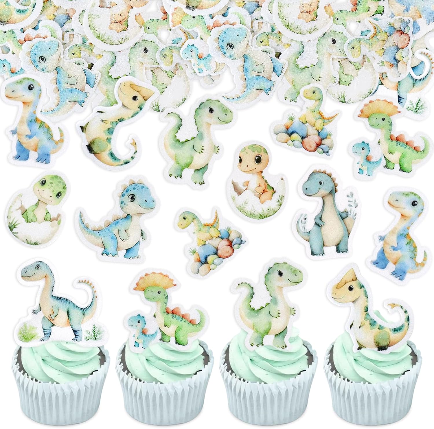 50PCS Edible Dinosaur Cupcake Toppers Cute Dinosaur Baby Cupcake Picks Drink Toppers for Dinosaur Theme Baby Shower Kids Boys Girls Birthday Party Cake Decorations Supplies