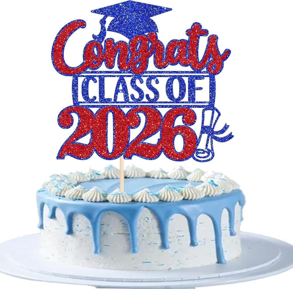Rsstarxi 1 Pack Congrats Class of 2026 Cake Topper Glitter Congrats Class of 2026 Graduation Cap Diploma Cake Pick 2026 Graduation Theme Party Cake Decorations Red Blue