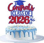 Rsstarxi 1 Pack Congrats Class of 2026 Cake Topper Glitter Congrats Class of 2026 Graduation Cap Diploma Cake Pick 2026 Graduation Theme Party Cake Decorations Red Blue