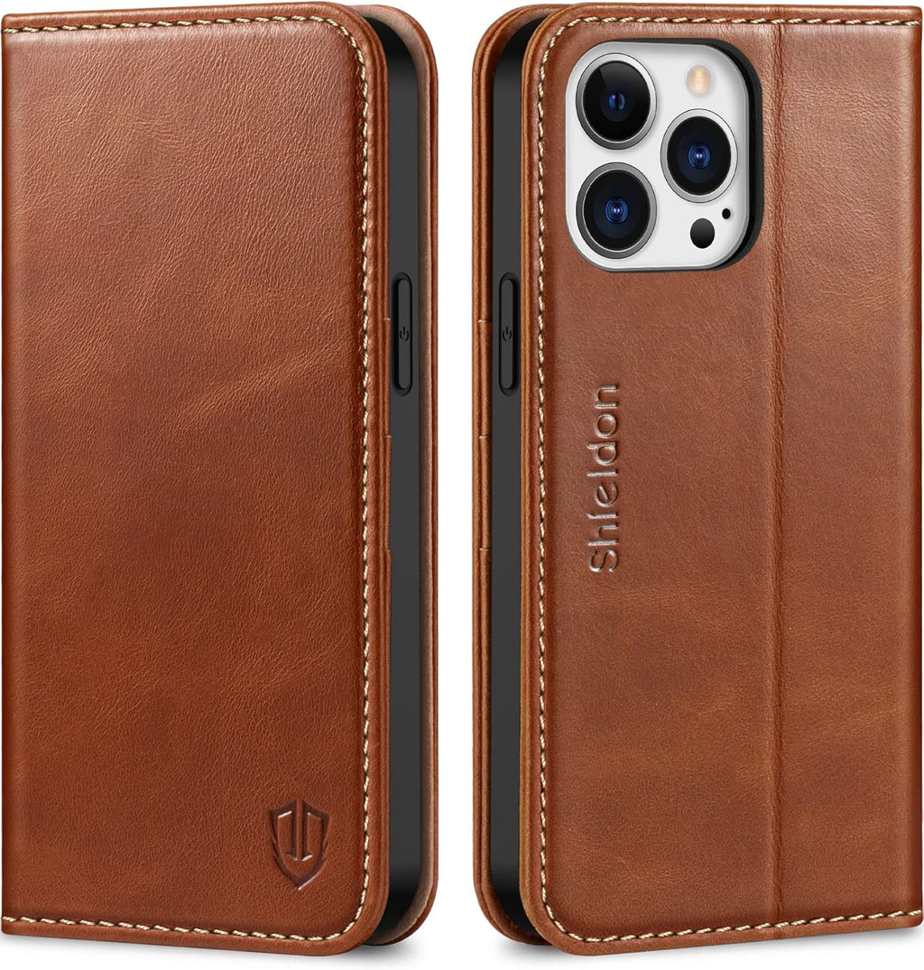 SHIELDON Case for iPhone 13 Pro Max 5G, Genuine Leather Folio Wallet Magnetic Shock Absorbing Case RFID Blocking Credit Card Holder Kickstand Compatible with iPhone 13 Pro Max 6.7" - Retro Brown