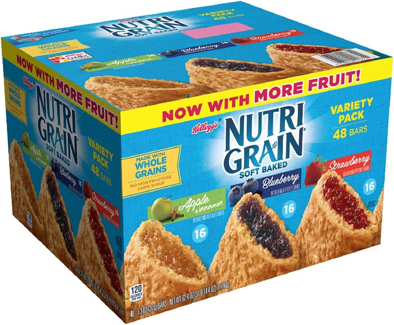 Kellogg's Nutri-Grain Variety Pack Soft Baked Breakfast Bars - Grab-N-Go Snacks, Apple Cinnamon, Blueberry, and Strawberry (48 Count)